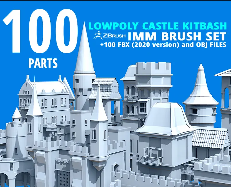 100 Low-poly medieval fantasy castle and fortress kitbash IMM Zbrush brush set, obj and fbx files.