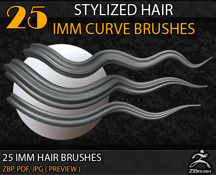 25 Stylized Hair IMM Curve Brushes ( V-01)