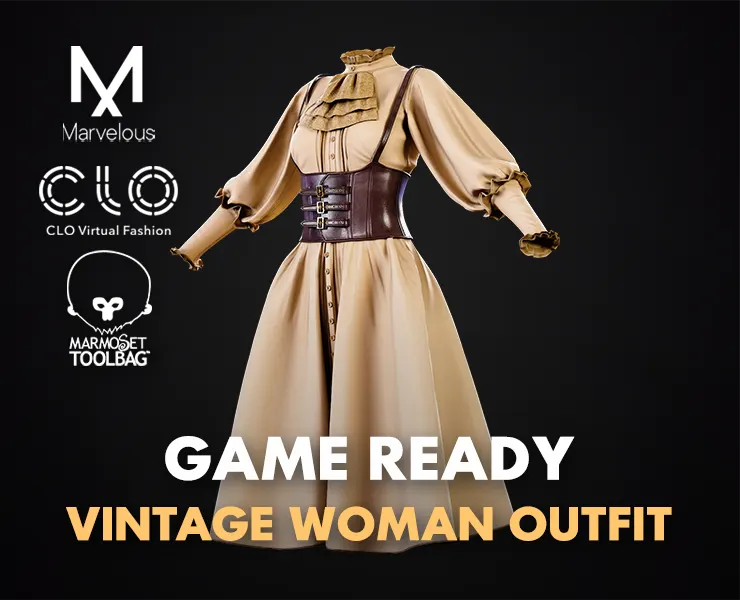 Vintage Women outfit 02 / Marvelous Designer , Clo3d Project + Free Tutorial (Low Poly)