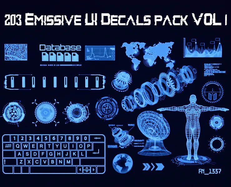 203 Emissive UI Decals pack VOL 1 | Blender, Substance 3D Painter, Decal Machine ready, Kit ops KPACK | Sci-Fi, Charts, Crypto, Arrows, Circles, Display, Info