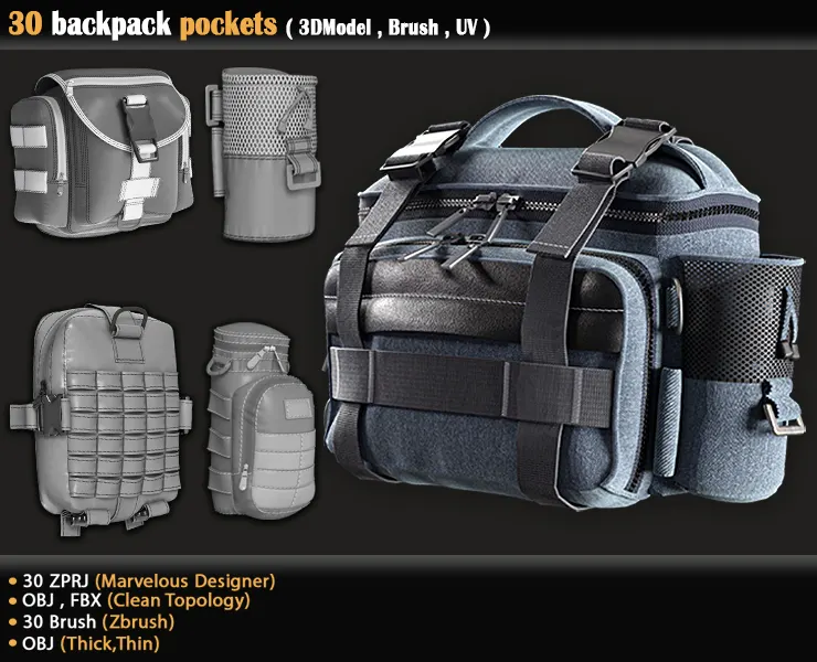 30 backpack pockets ( 3DModel , Brush , UV )