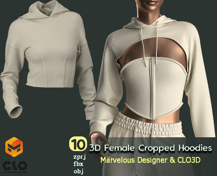 5 Female Cropped Hoodies / Marvelous & Clo3d Files (.zprj & .zpac) + OBJ + FBX