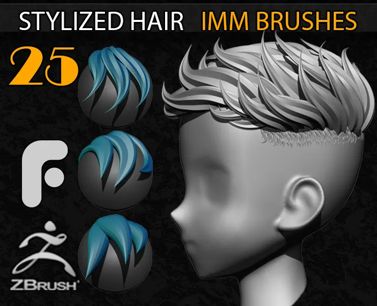 25 Stylized Hair IMM Curve Brushes (Vol- 04)