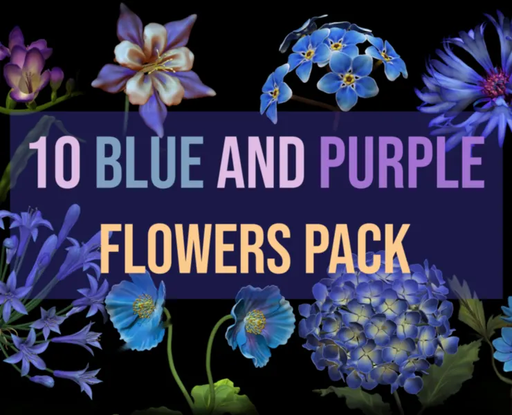 10 Blue and Purple Flowers 3D Pack For Zbrush - including ZPR, ZTL and OBJ.