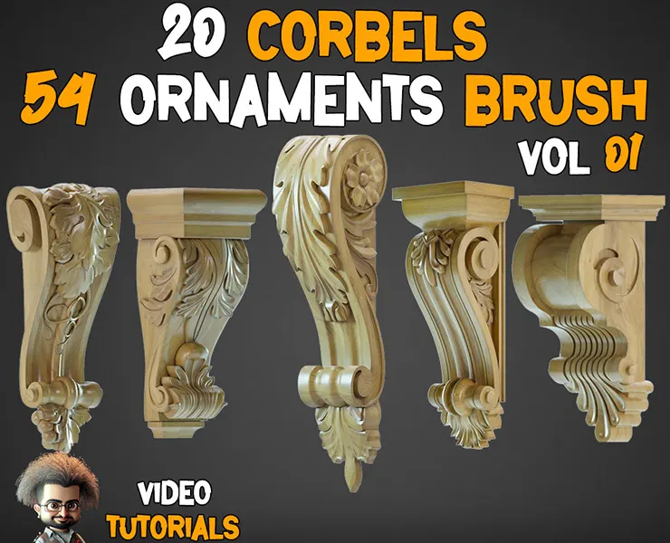 20 Corbels 3D Models + 54 Ornament Brushes and 3D Models + 11 Video Tutorials-VOL 01