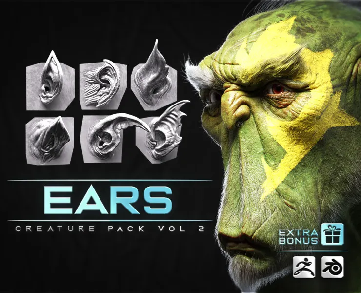 44 Ears - High Detailed Ears For Creatures - VDM Zbursh, Blender +BONUS