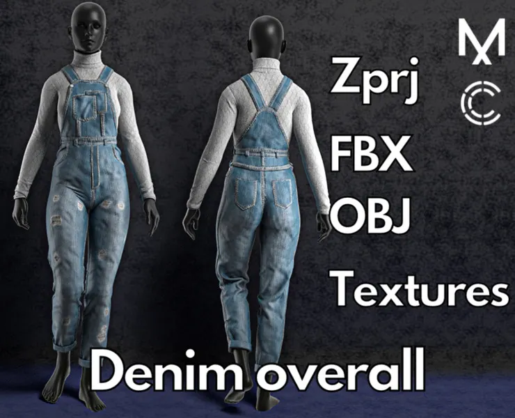 Female denim overall (Marvelous Designer & Clo3d & FBX & OBJ & Texture)