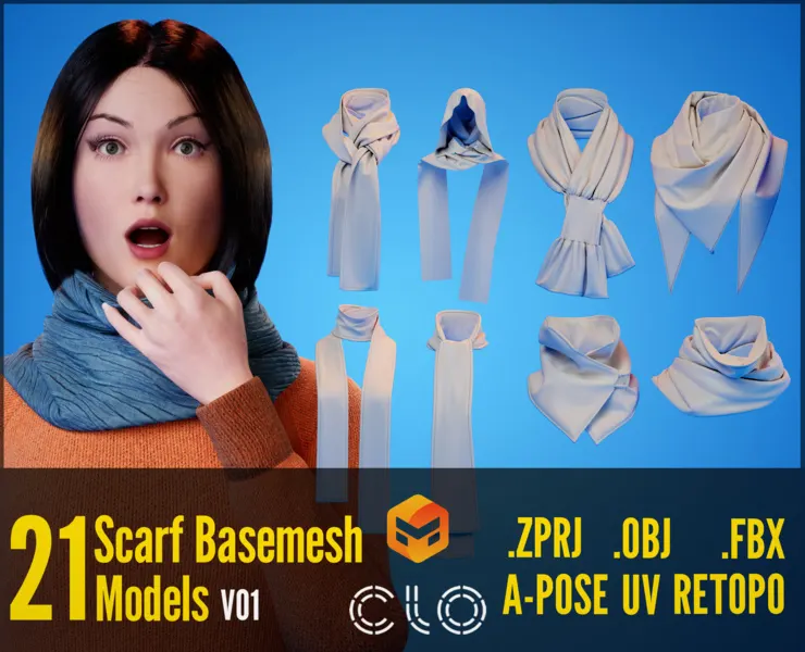 15 + 6 Scarf And Hooded Scarf Basemesh Models + Reference Images for texturing + Bonus + Project Files