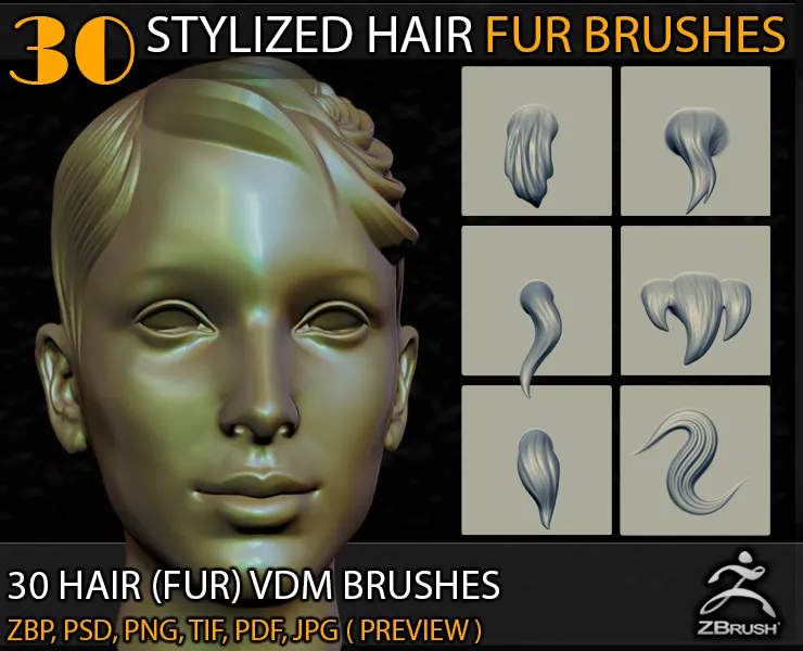 30 Stylized Hair (Fur) VDM Brushes for Zbrush+Alpha