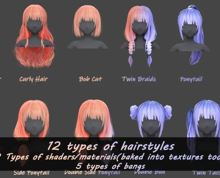 Poly Hairstyle pack-12 types of Hairstyles(obj, fbx, blend files)