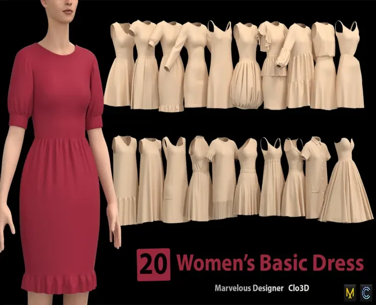 20  Women's Basic Dress + Zprj +Obj + Fbx