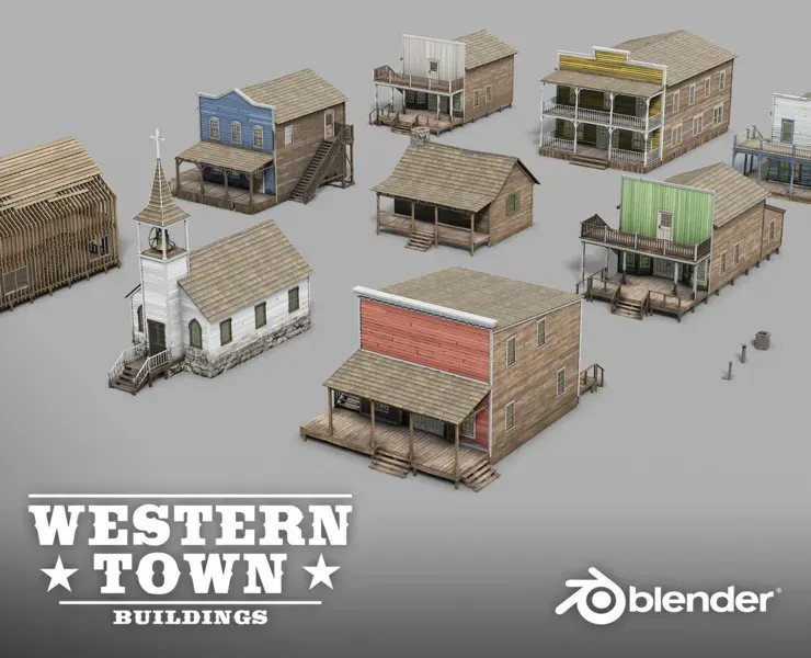 10 Western Town Buildings - Blender & 3D Models