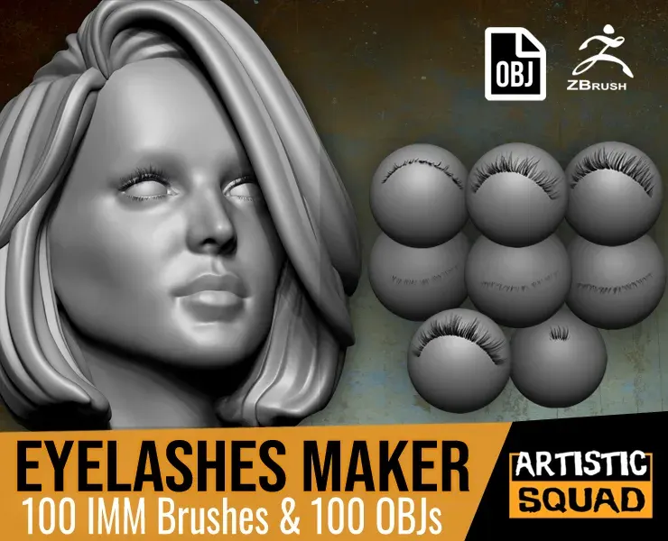 Eyelashes Maker 100 ZBrush IM brushes and 100 OBJs