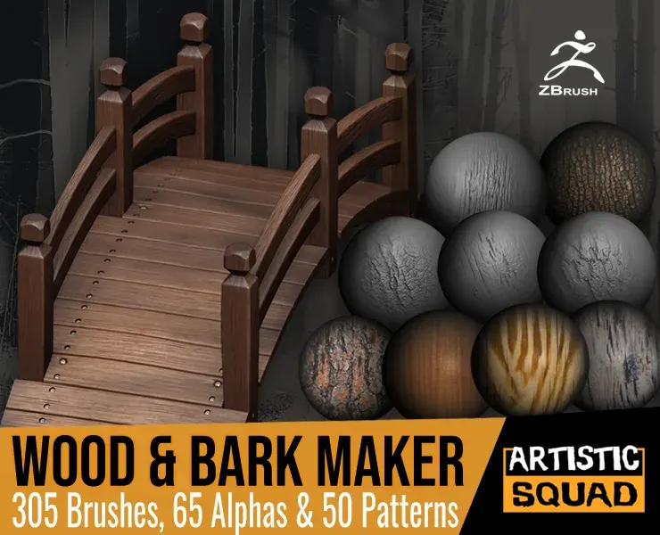 Wood And Bark Maker 305 ZBrush Brushes 65 Alphas And 50 Patterns