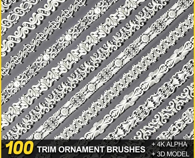 100 Seamless Trim Ornament Brushes (VDM) +4K Alpha + 3DModels