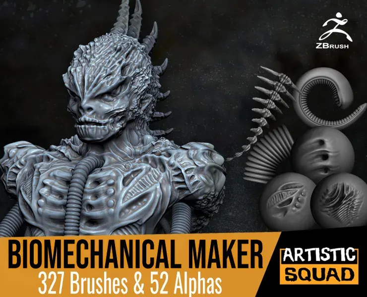 Biomechanical Maker 327 ZBrush Brushes And 52 Alphas