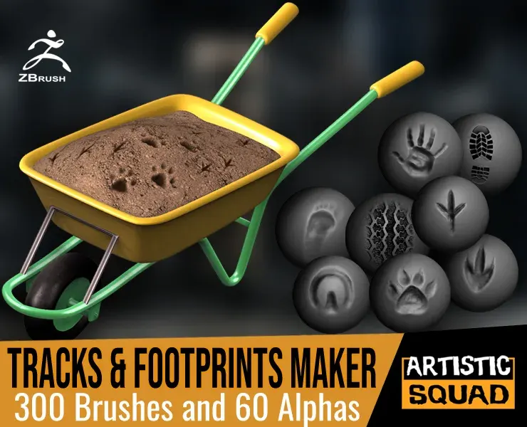 Tracks and Footprints Maker 300 ZBrush Brushes And 60 Alphas