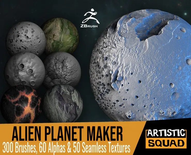 Alien Planet Maker 300 ZBrush Brushes 60 Alphas and 50 Seamless Textures