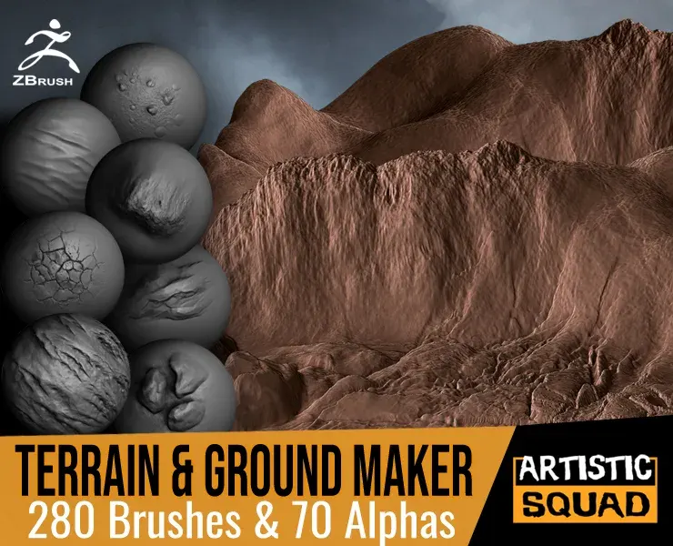 Terrain And Ground Maker 280 ZBrush Brushes and 70 Alphas