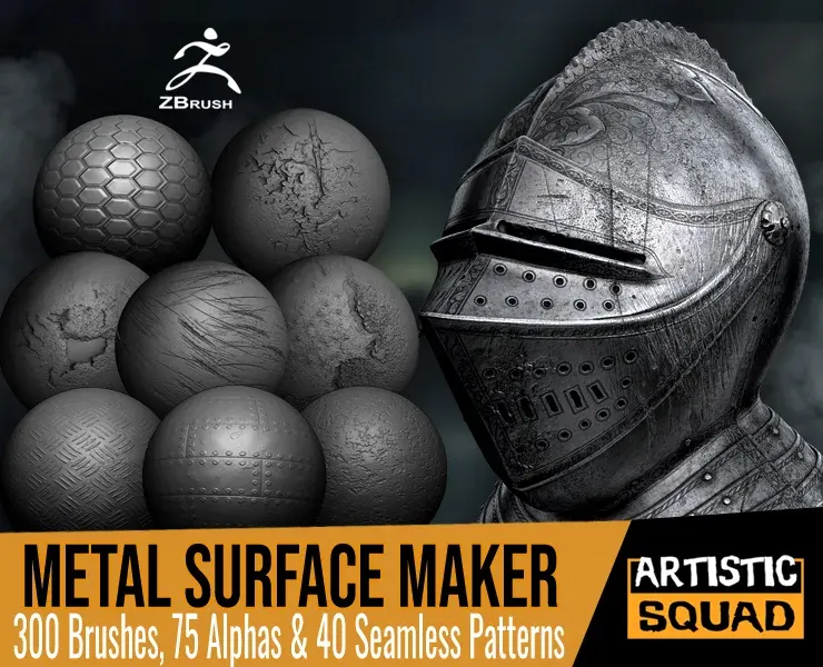 Metal Surface Maker 300 ZBrush Brushes, 75 Alphas, and 40 Patterns