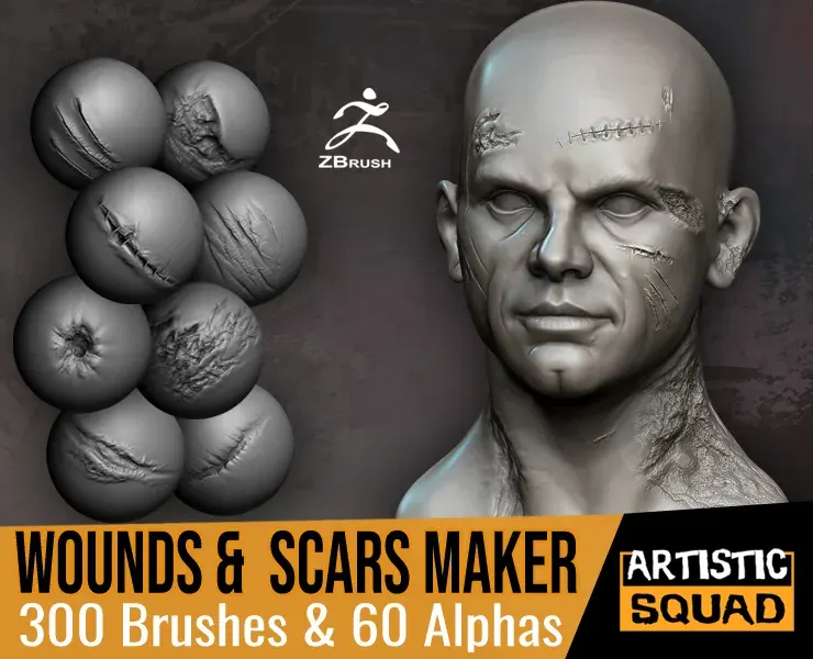 Wounds and Scars Maker: 300 ZBrush Brushes And 60 Alphas