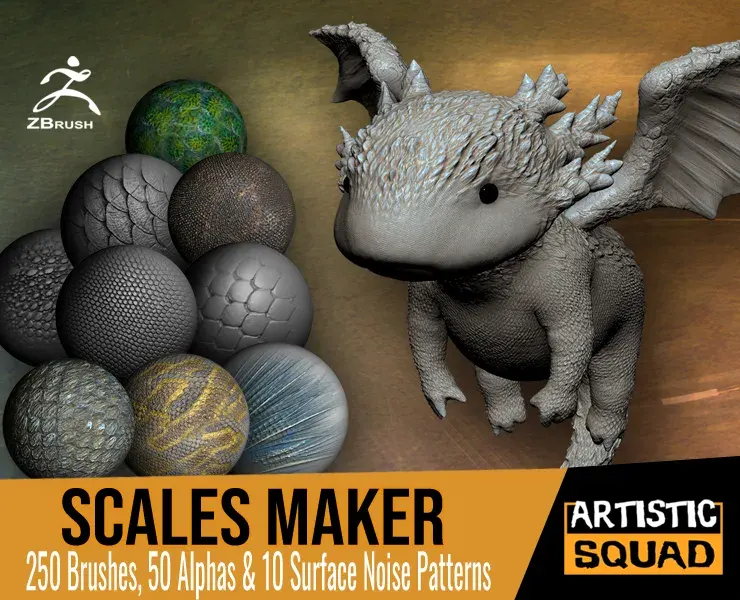 Scales Maker: 250 ZBrush Brushes, 50 Alphas, and 10 Surface Patterns