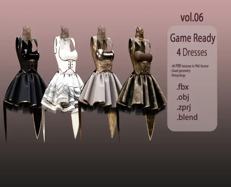 4 Dresses (low poly) vol_06:marvelous designer+obj+fbx+blender+pbr textures