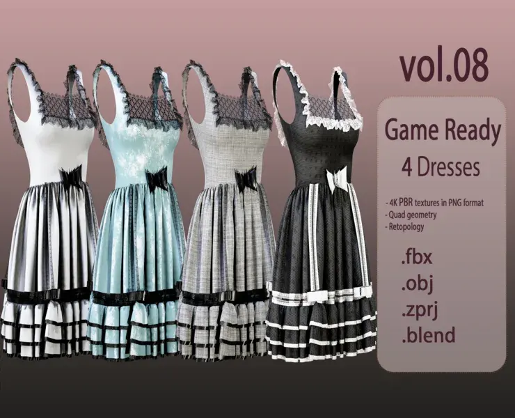 4 Dresses (low poly) vol_08:marvelous designer+obj+fbx+blender+pbr textures