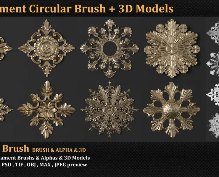 8 Ornament Circular 3Dmodel Brush alpha