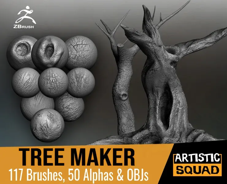 Tree Maker: 117 ZBrush Brushes, 50 Alphas & 8 Tree Basemeshes