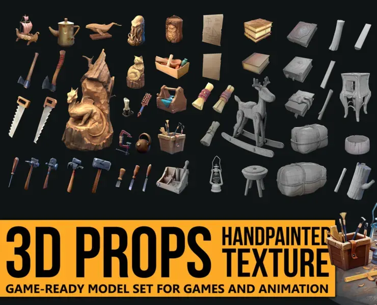 3D PROPS (Handpainted Texture) Game-Ready Set for Games and Animation