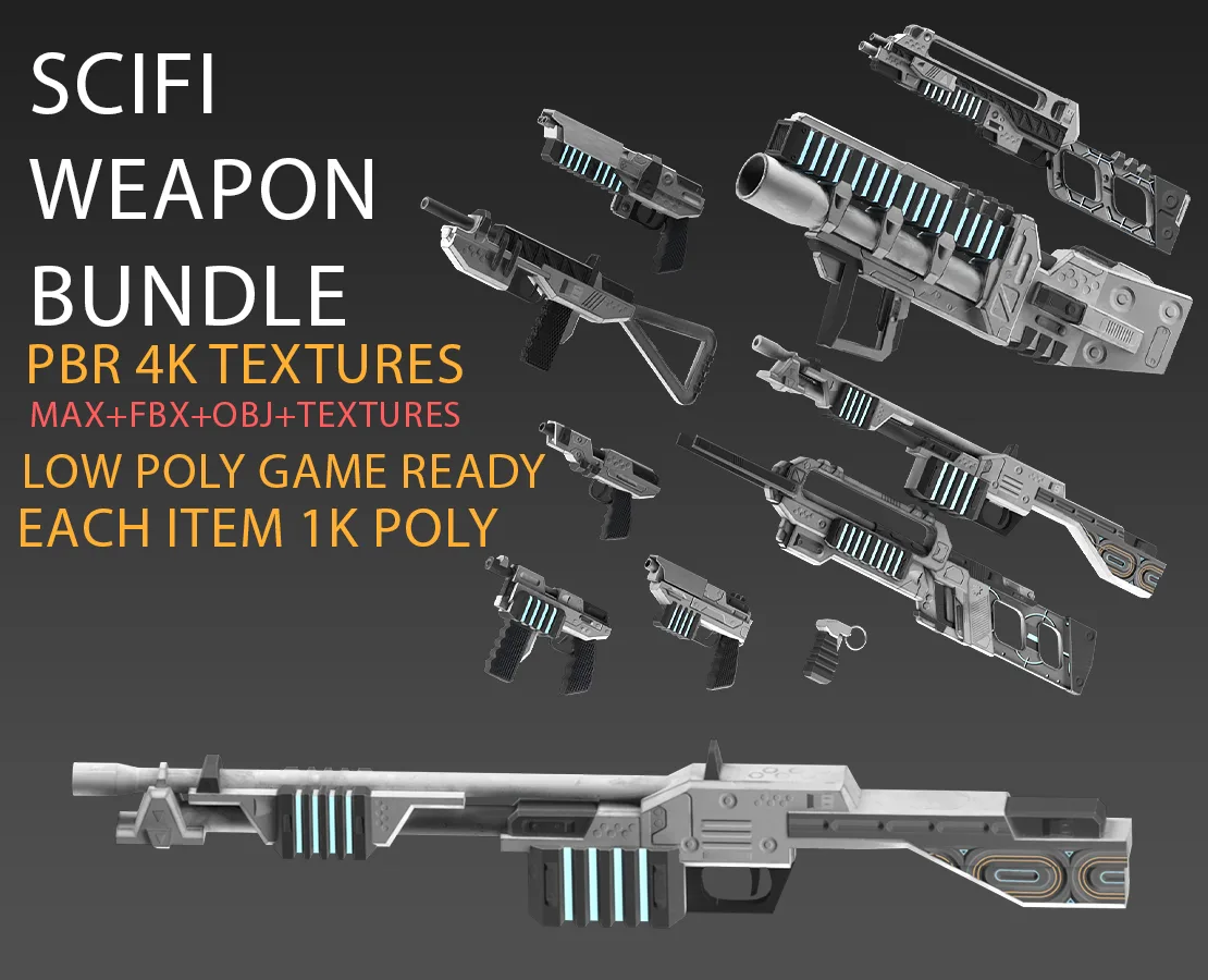 low poly game ready PBR SciFi weapon bundle