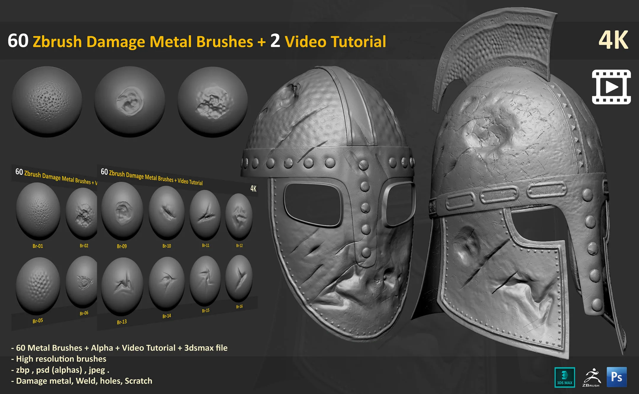 60 Zbrush Damage Metal Brushes + 2 Video Tutorial - Vol 1