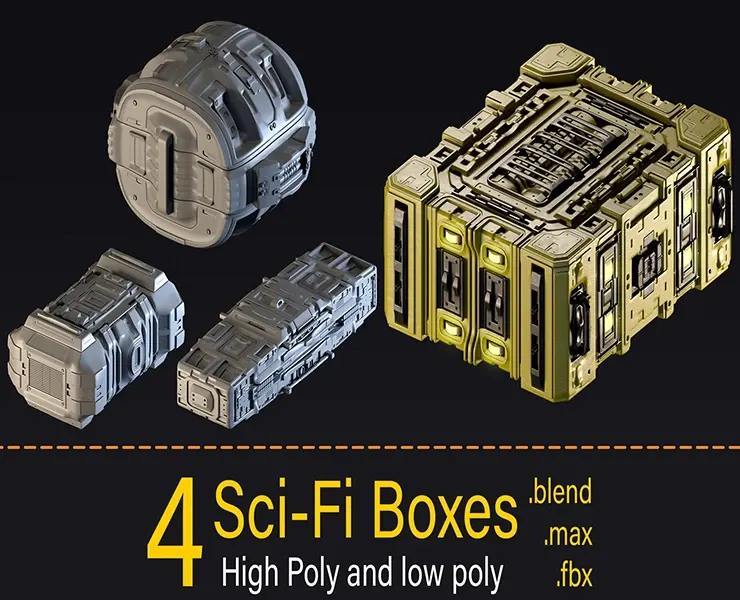 4 Sci-Fi Boxes- Low poly and high poly