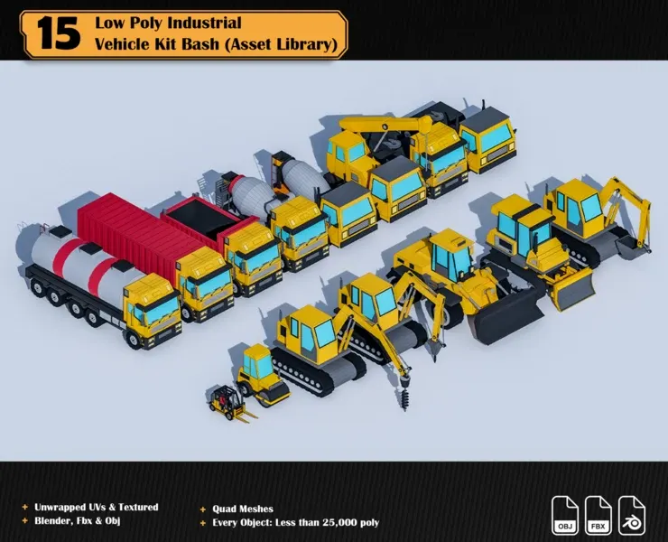 Low Poly Industrial Vehicle Asset Library Kitbash (15 Objects)