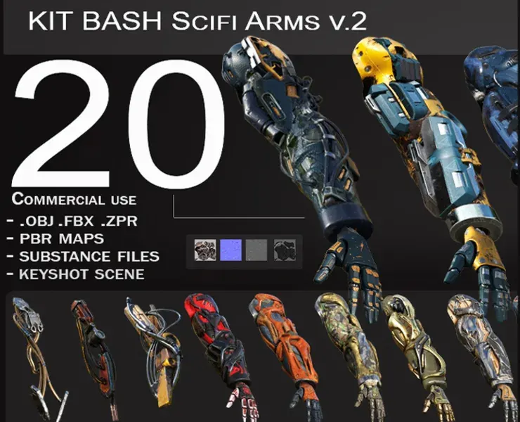 50% OFF! 20 ARMS | 3D Models Pack with Textures for ALL Softwares + Render Scene PBR .obj .fbx