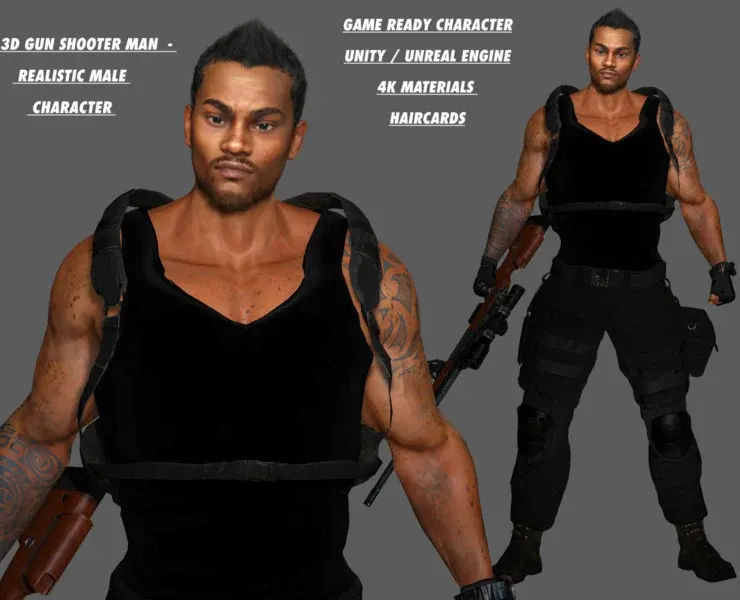 AAA 3D REALISTIC BLACK MALE CHARACTER - GUN SHOOTER MAN