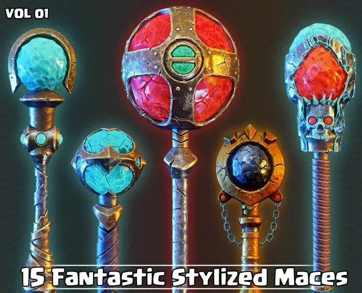 15 Fantastic Stylized Maces Game Ready VOL01