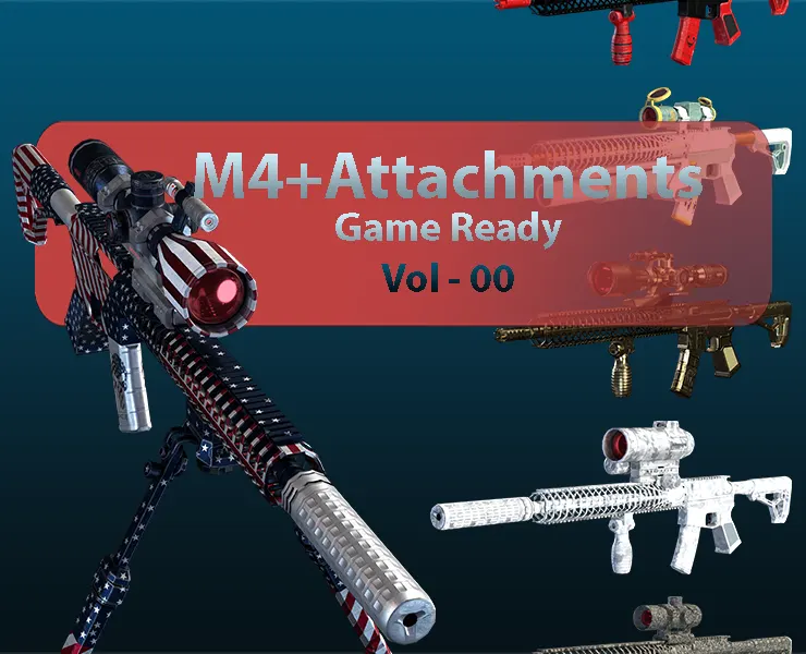 M4 + 17 Attachments + 15 Skins Low-poly 3D model Vol-00 (Game Ready)