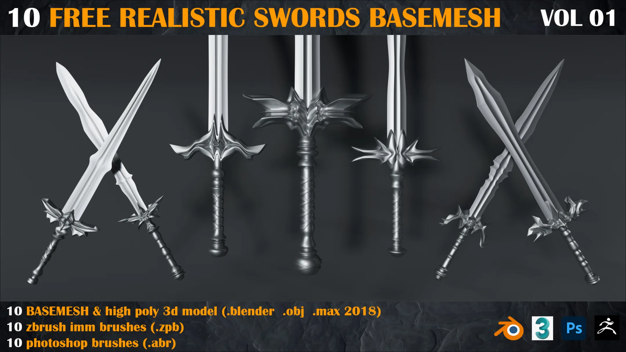 10 Free Realistic Swords BASEMESH + zbrush brushes + photoshop brushes _ VOL 01