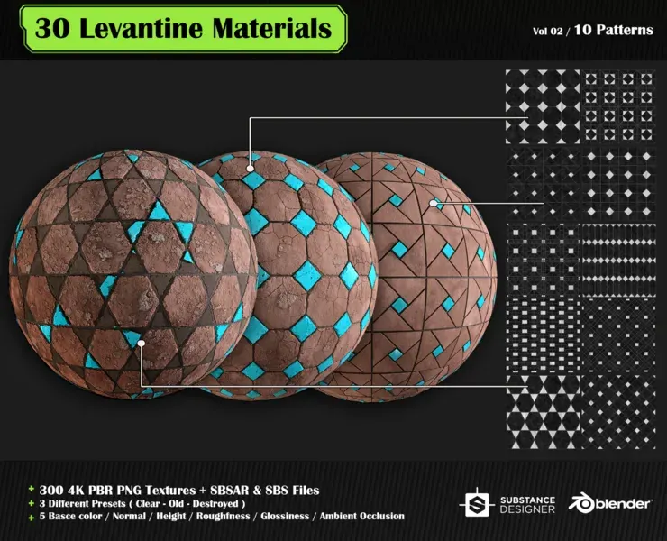 30 High quality Levantine material + SBS & SBSAR files, 10 tile-able patterns & 3 presets in 5 colors – vol 02