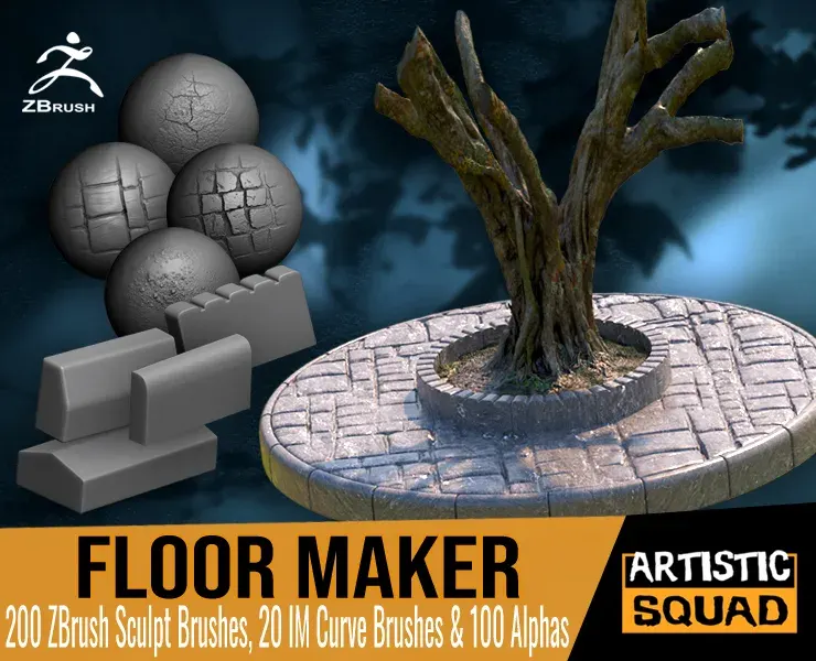 Floor Maker 200 ZBrush sculpting brushes 20 IM curve brushes and 100 alphas - ground, stone, pavement, environment, walls