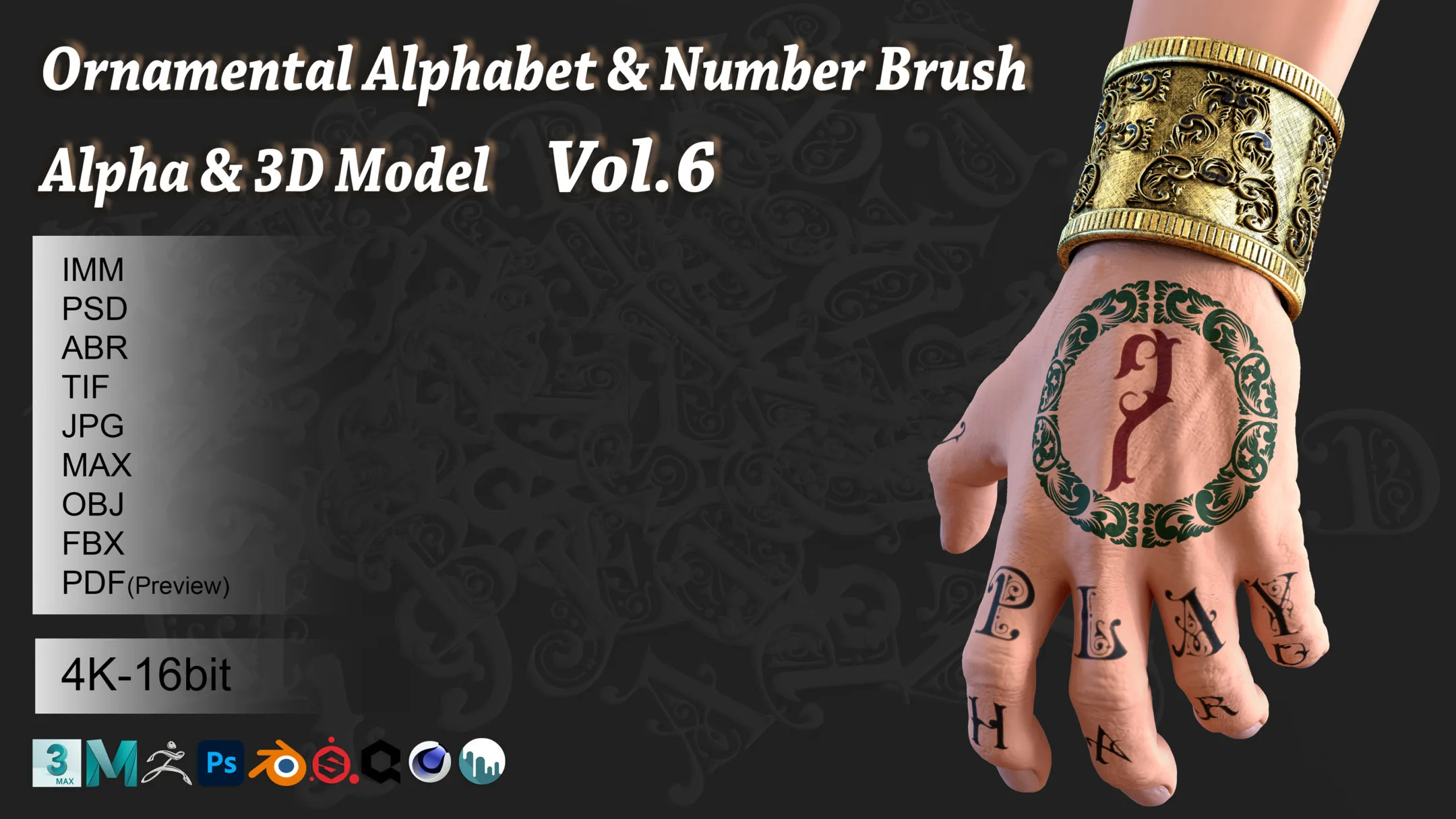 Ornamental Alphabet Brush + Alpha + 3D model vol 6 .