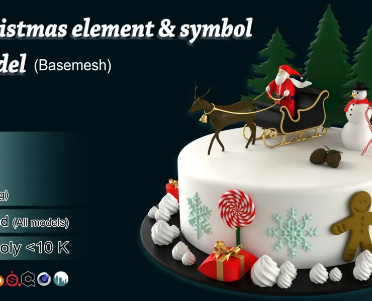 50 Christmas element & symbol 3D model (Basemesh)