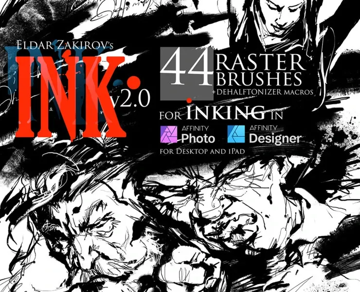 INK. for Affinity Photo & Affinity Designer: 44 Raster Brushes + Dehalftonizer Macros. Updated to v.2.0