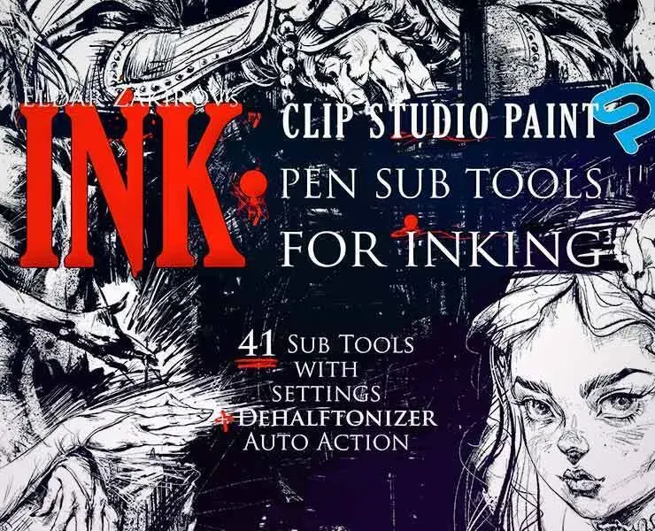 INK. for CLIP STUDIO PAINT: 41 Sub-Tools for Inking + Auto Action for 100% black