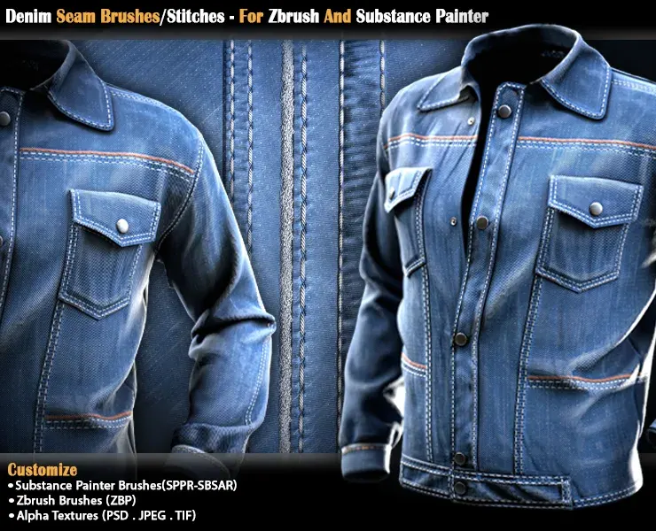 Denim Seam Brushes/Stitches - For Zbrush And Substance Painter (VOL-02)