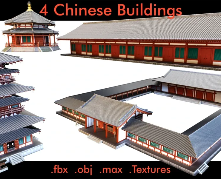 4 Chinese buildings- 3d Model