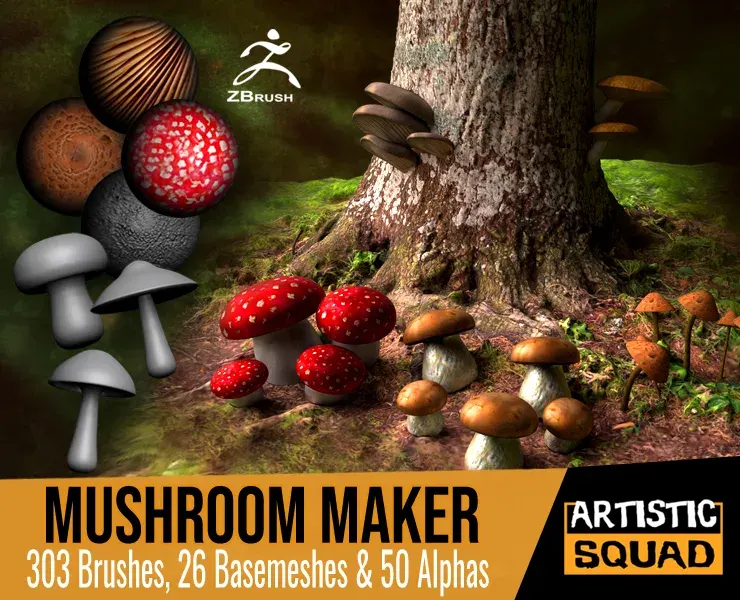 Mushroom Maker 303 ZBrush Brushes 26 Basemeshes and 50 Alphas