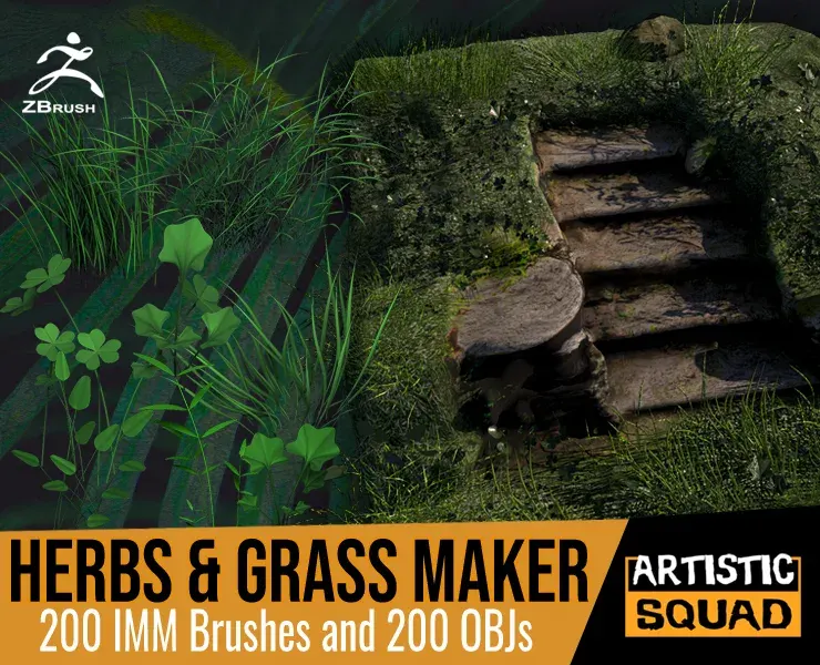 Herbs and Grass Maker 200 ZBrush IM Brushes and 200 OBJs